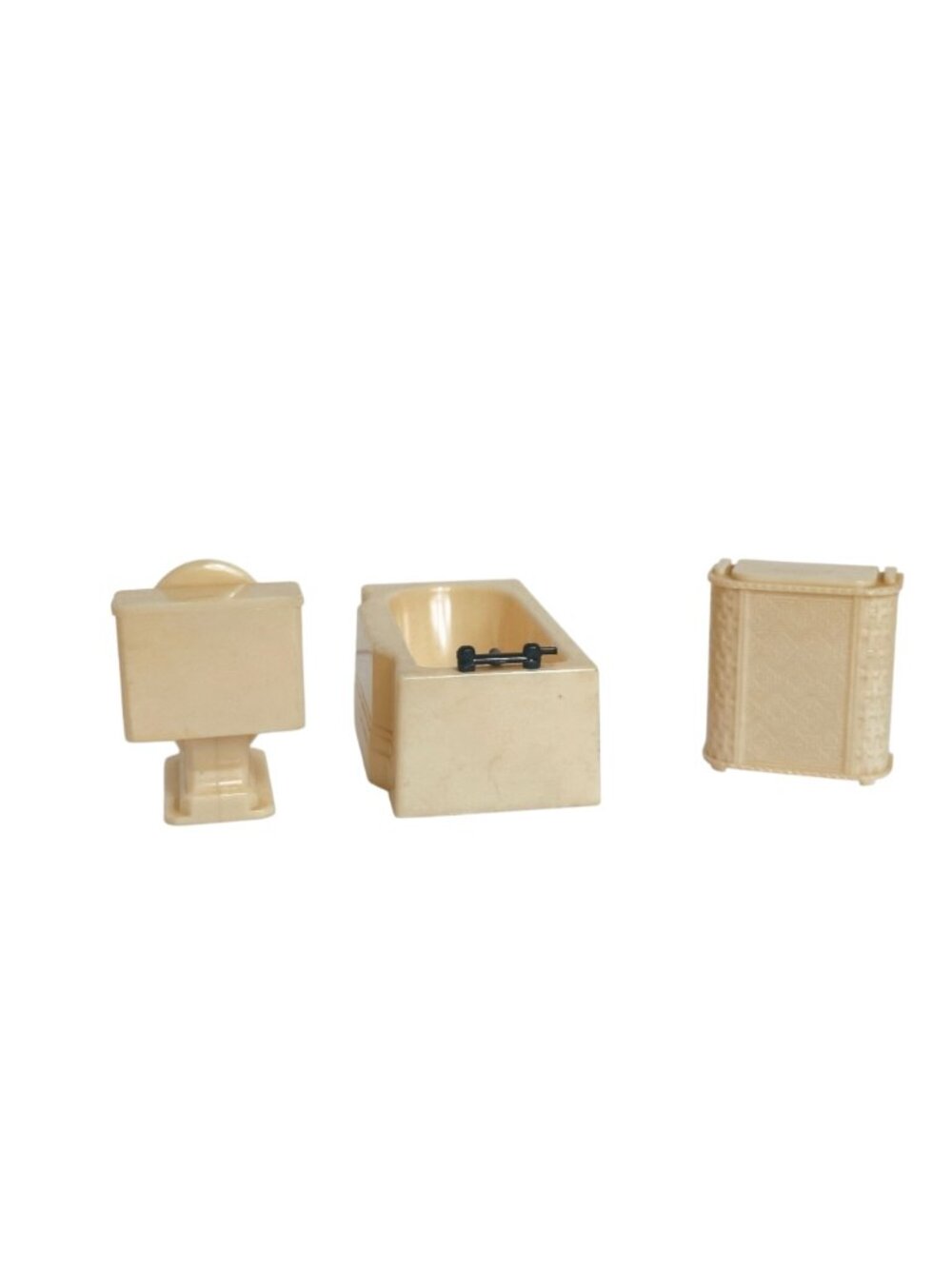 Vtg Tomy Dollhouse Bathroom Set Toilet Bathtub Hamper Beige Plastic 1950s - Picture 3 of 6